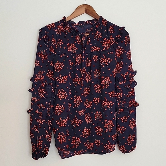 Ann Taylor Tops - Ann Taylor Navy Blue Floral Teired Ruffle Sleeves and Tie Neckline size …